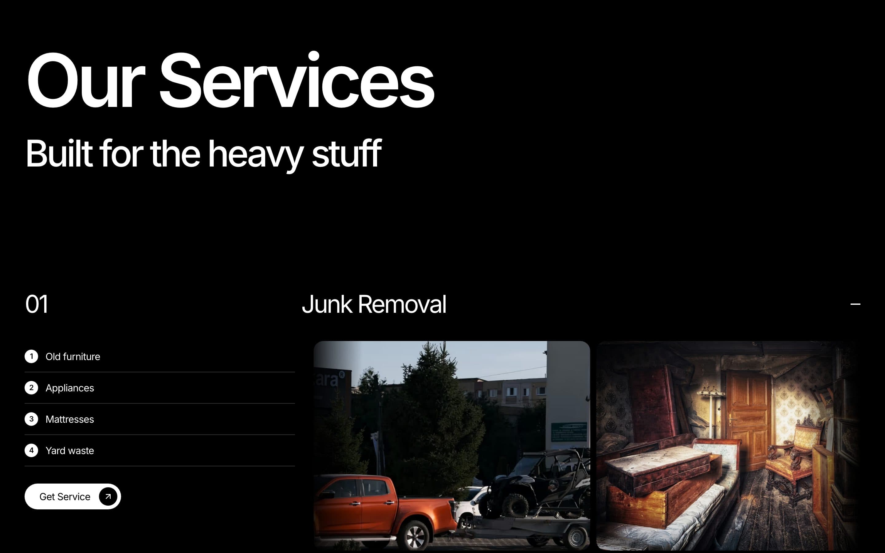 Our Services accordion on black with junk removal photos