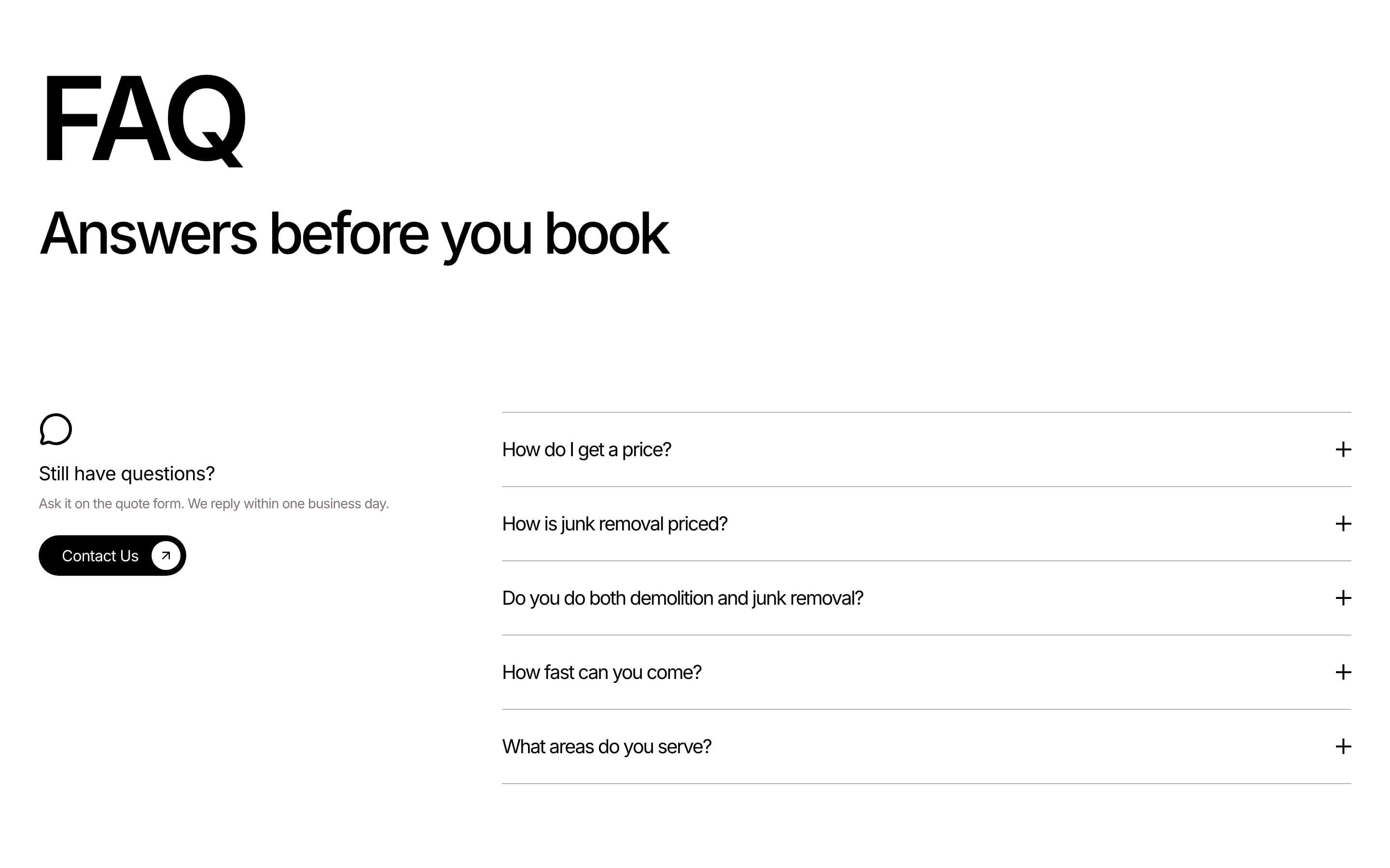 FAQ section titled Answers before you book
