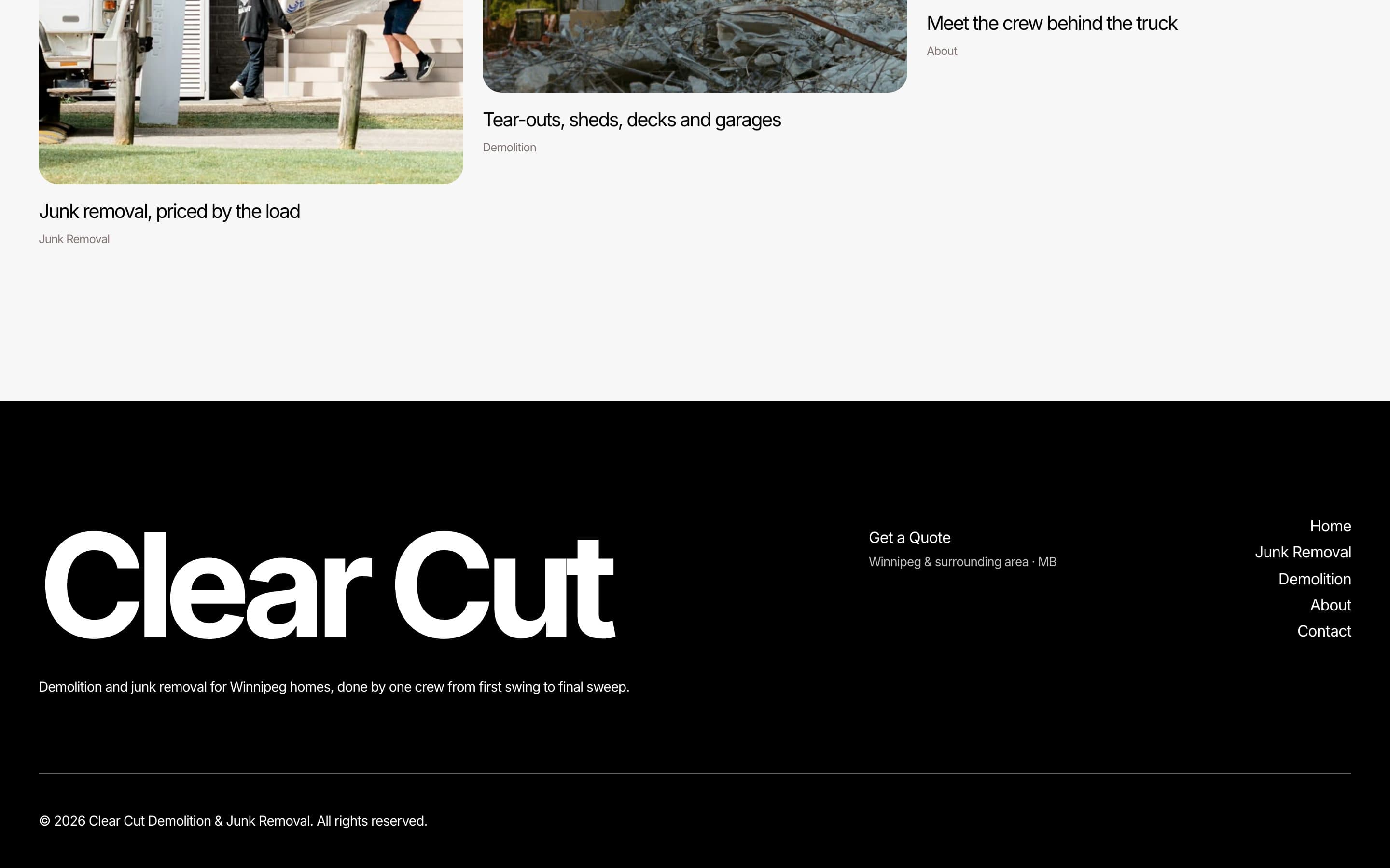 Black footer with the oversized Clear Cut wordmark
