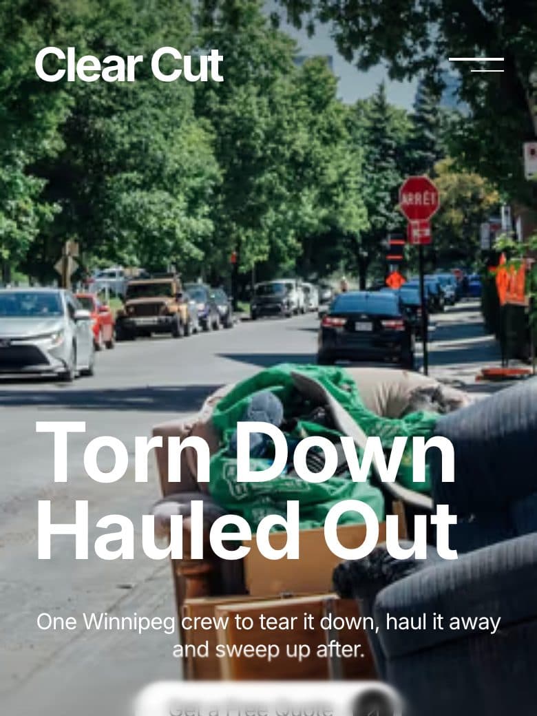 Clear Cut website homepage with the headline Torn Down, Hauled Out