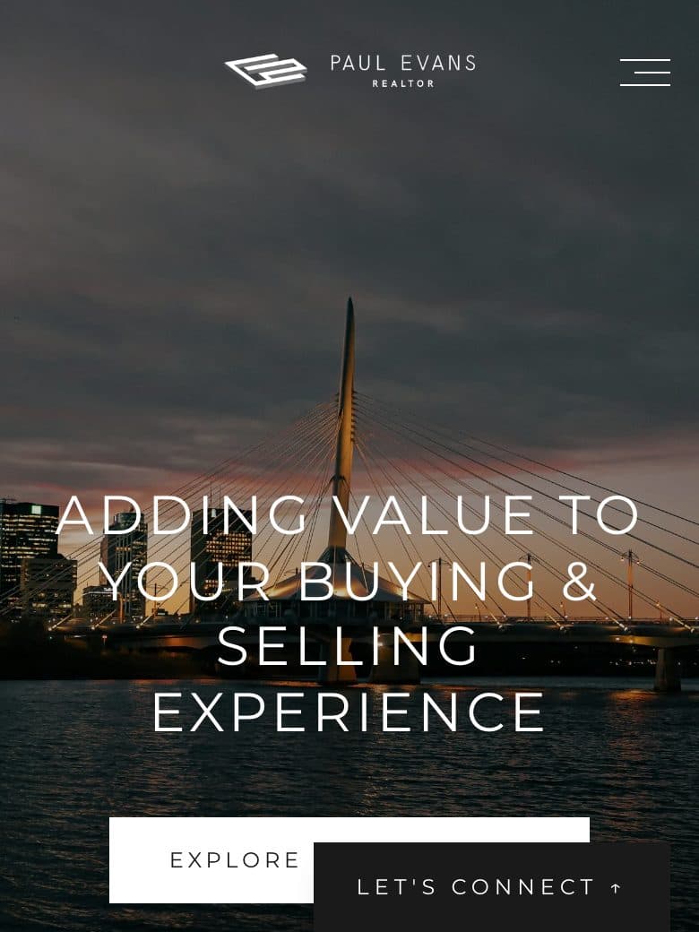 Paul Evans REALTOR® website homepage with the Winnipeg skyline at dusk